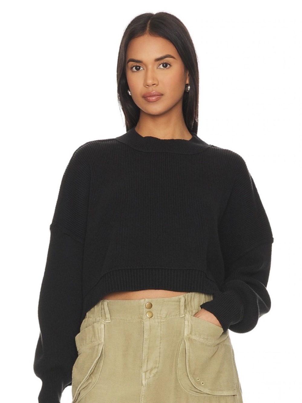 Free People Easy Street Cropped Pullover Sweater in Black